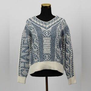 CHANEL V-Neck Sweater - Blue and White